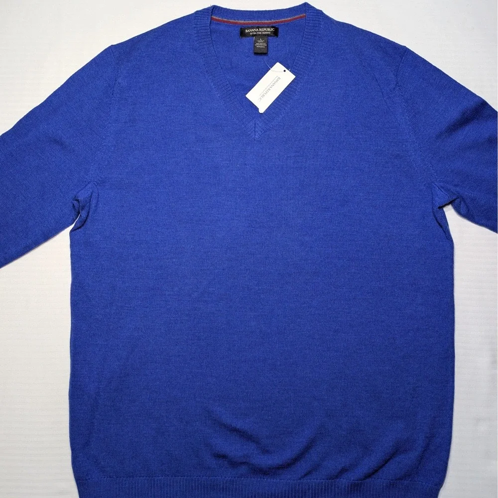 Banana Republic Men L Merino Wool V-Neck Sweater Blue Long Sleeve Lined‎ Trim